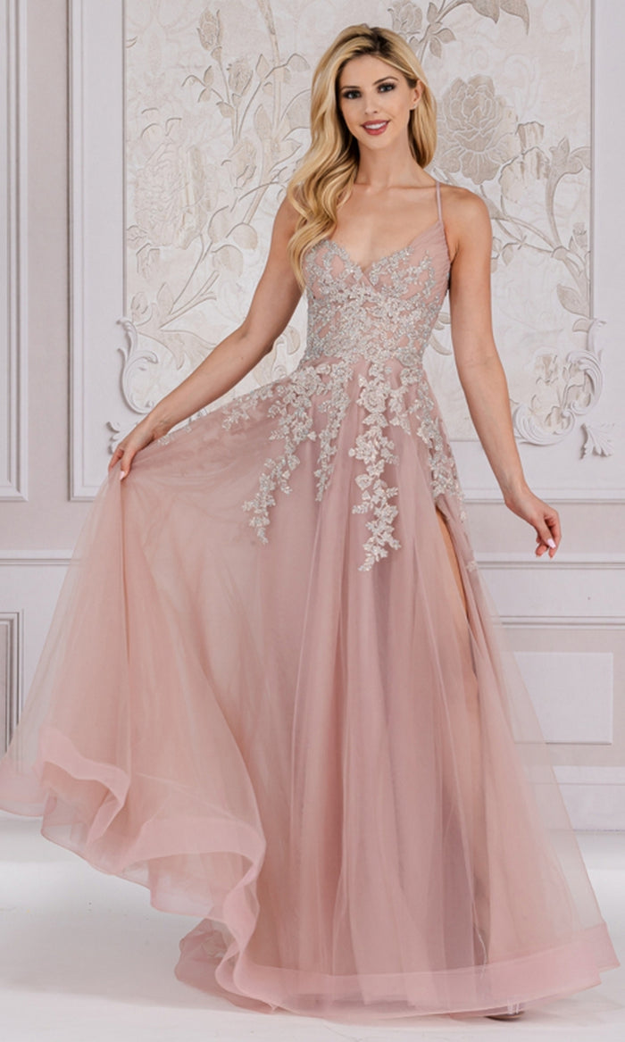 Floral-Embroidered Long A-Line Prom Dress TM1006