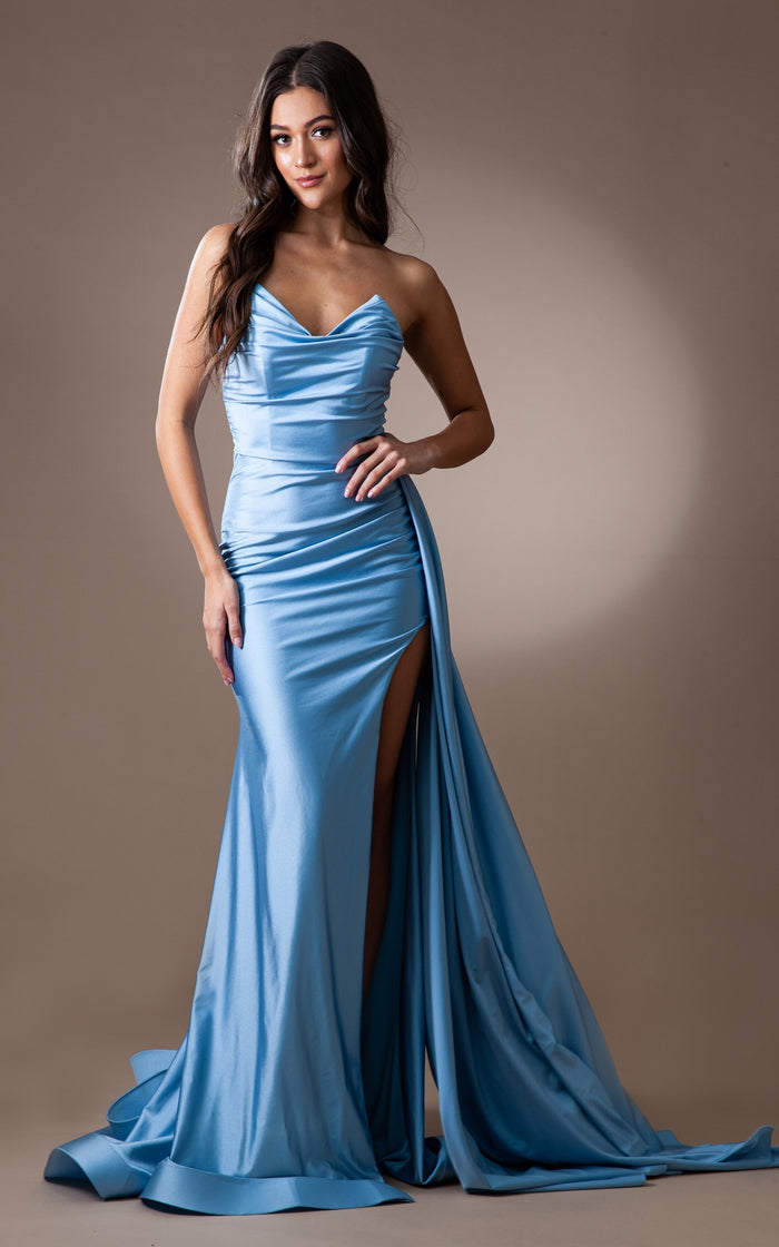 Strapless Long Formal Prom Dress with Drape 3013