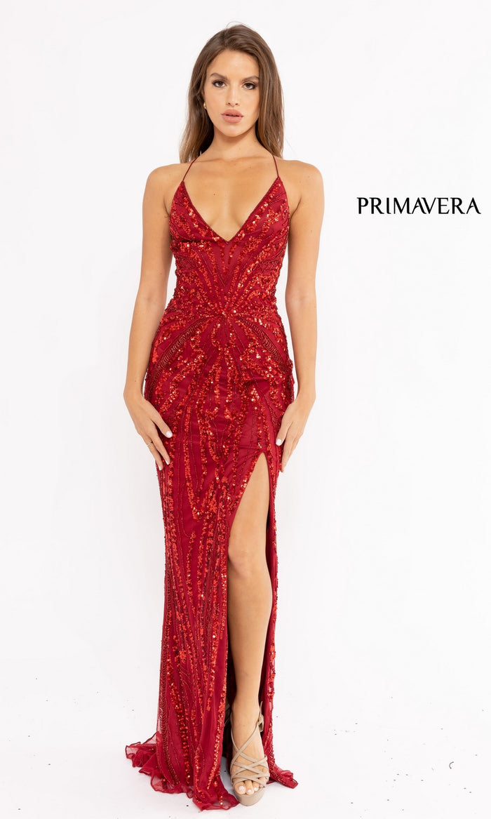 Strappy-Back Long Sequin Prom Dress 3958